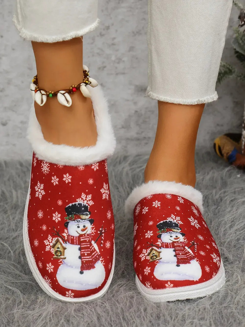Snowman Print Faux Fur Flat Slippers — photo 8