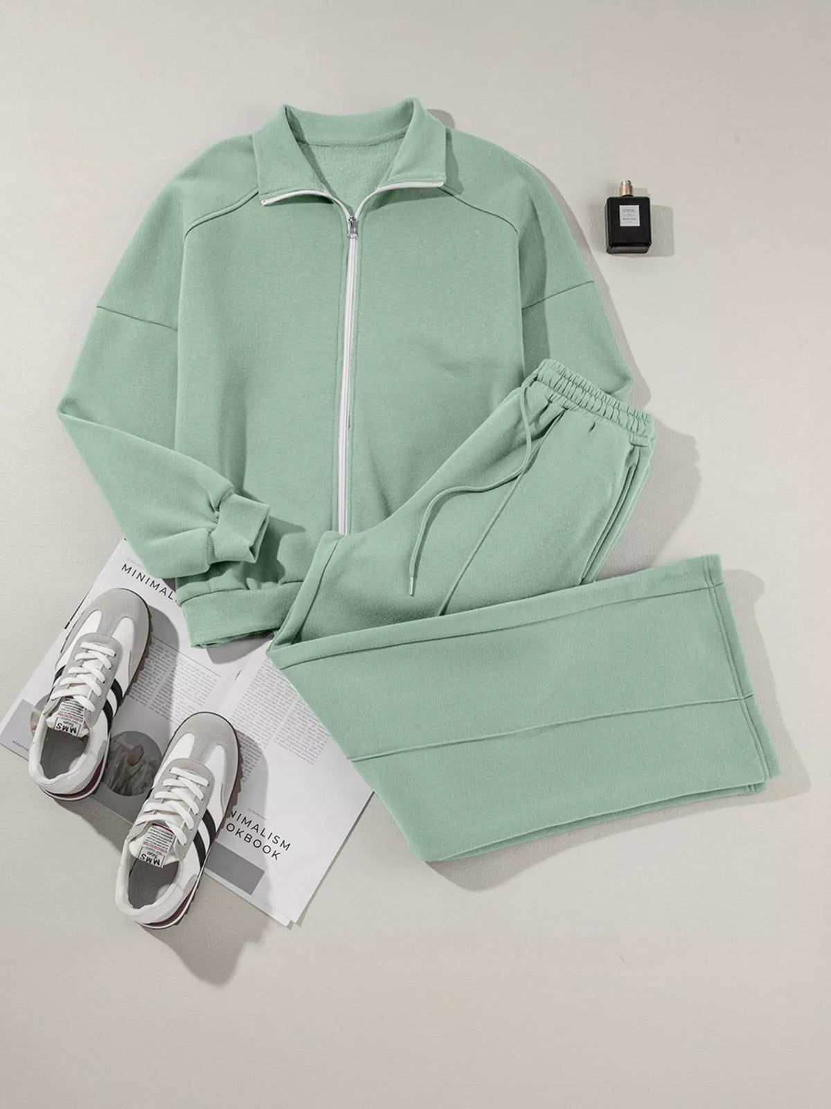 Drop Shoulder Zip-Up Jacket & Drawstring Pants Active Set