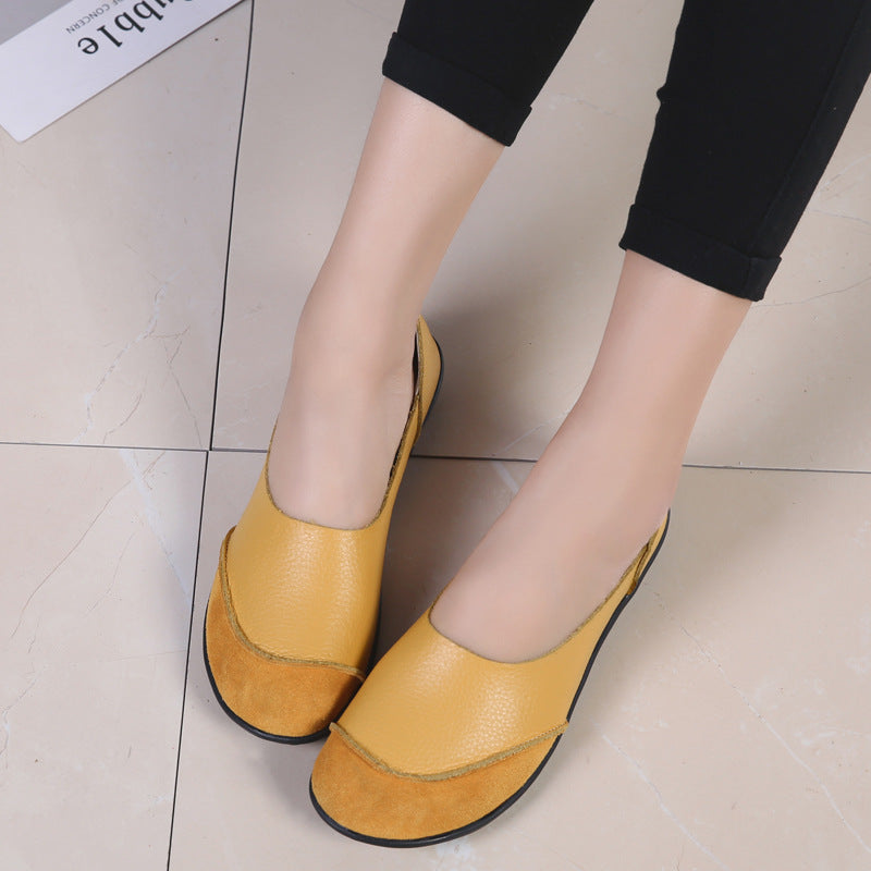 Women's Korean Casual Slip-On Loafers | Low Heel Round Toe Leather Shoes