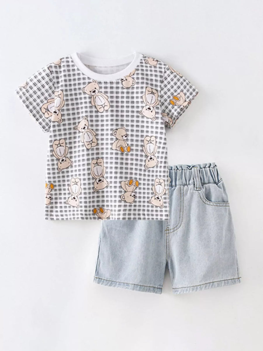 Little Orbit Bear Print T-Shirt and Denim Shorts Set