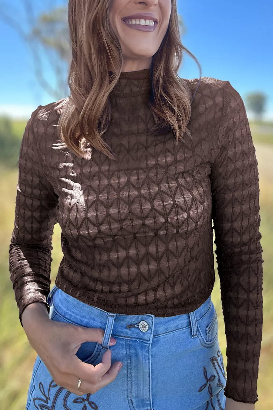 Sheer Textured Lace Stand Neck Long-Sleeve Top