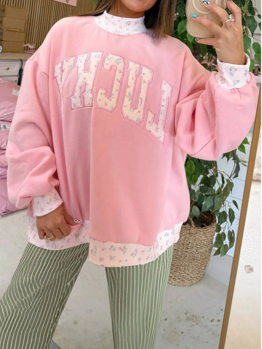 Another view: High-Neck Floral Embroidered Sweatshirt — Blush Pink