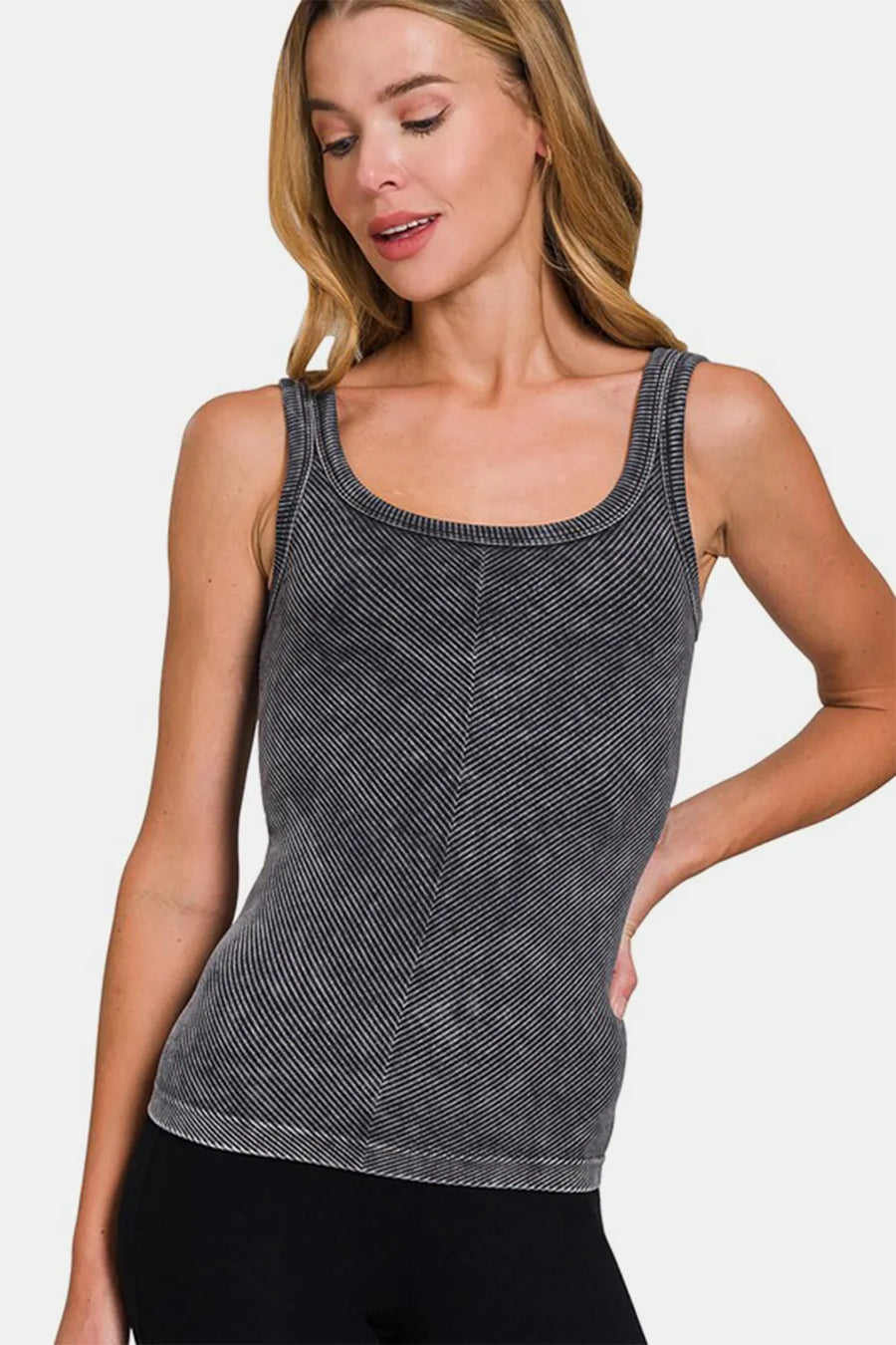 Ribbed Scoop Neck Tank — Black