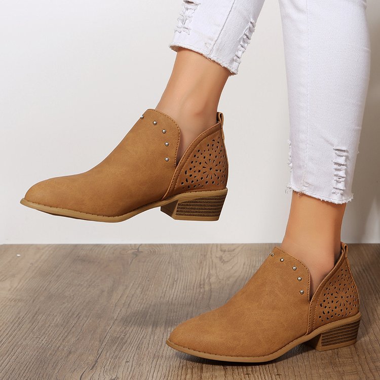 Women's Retro Studded Pointed-Toe Ankle Boots | Chunky Heel Slip-On