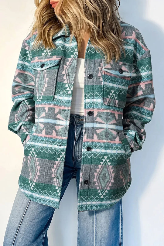 Another view: Geometric Print Button Front Long-Sleeve Shacket