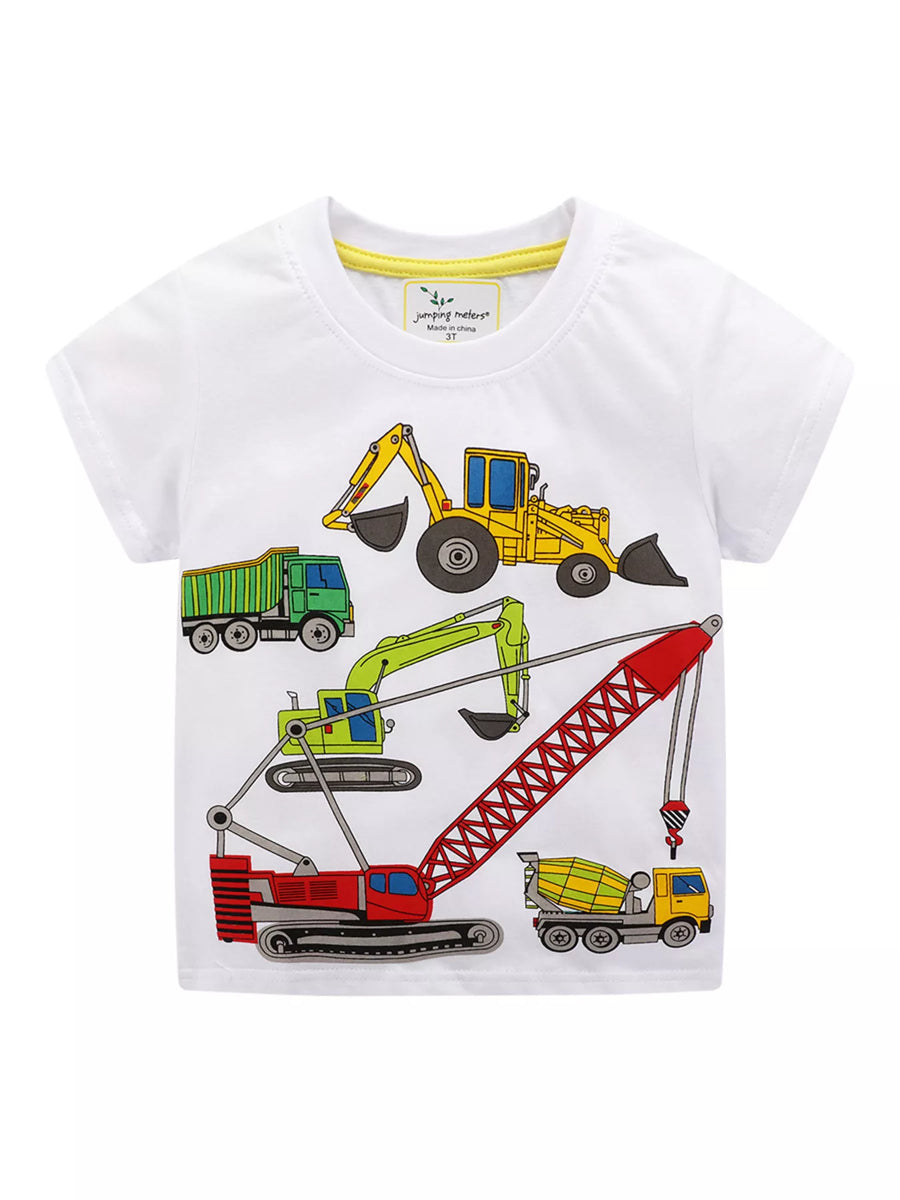 Kids’ Construction Vehicle Cotton T-Shirt — White