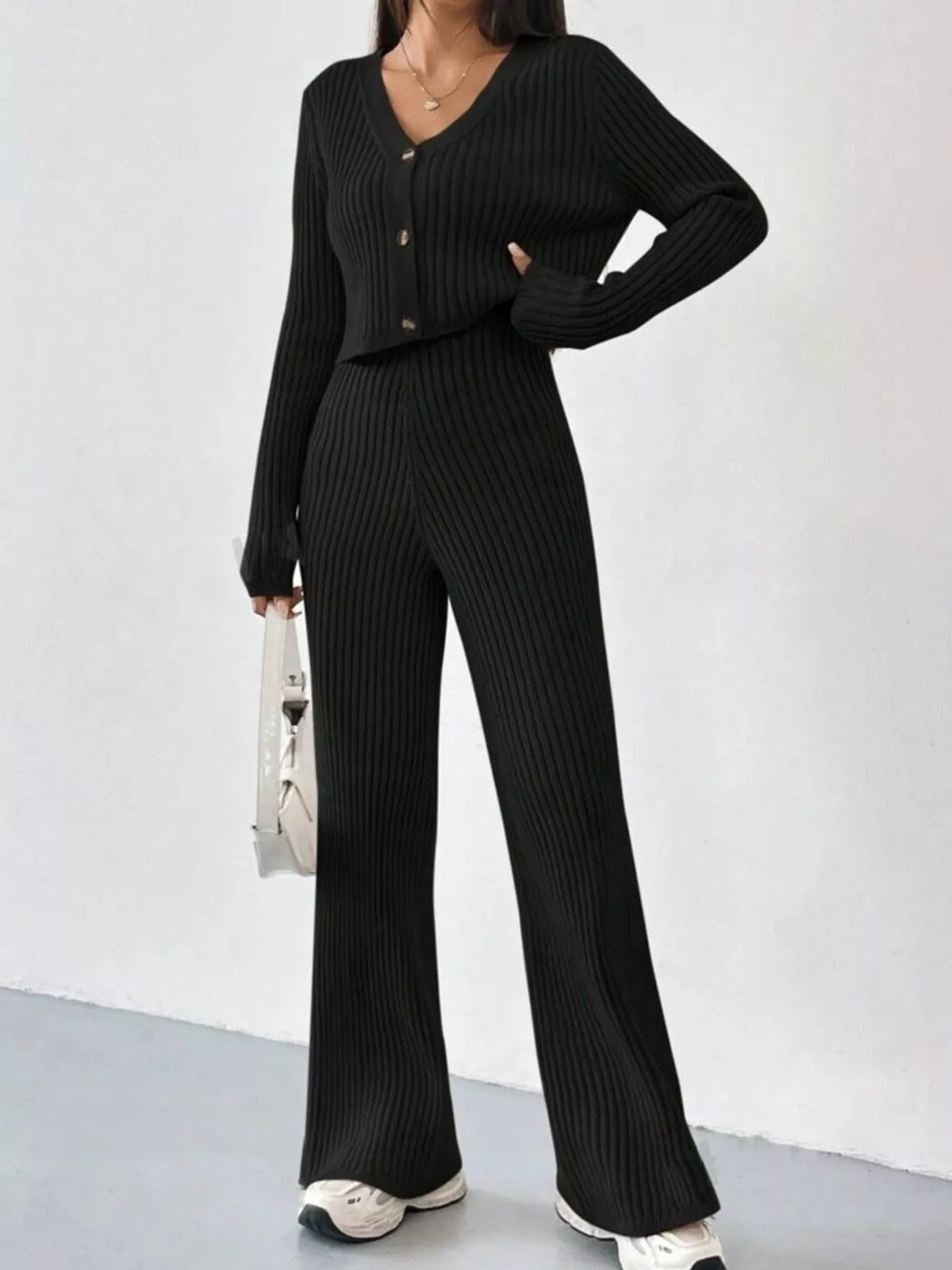 Ribbed-Knit Button-Up Top & Pants Set