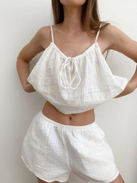 Another view: Tie-Front Cotton Cami & Shorts Lounge Set — White