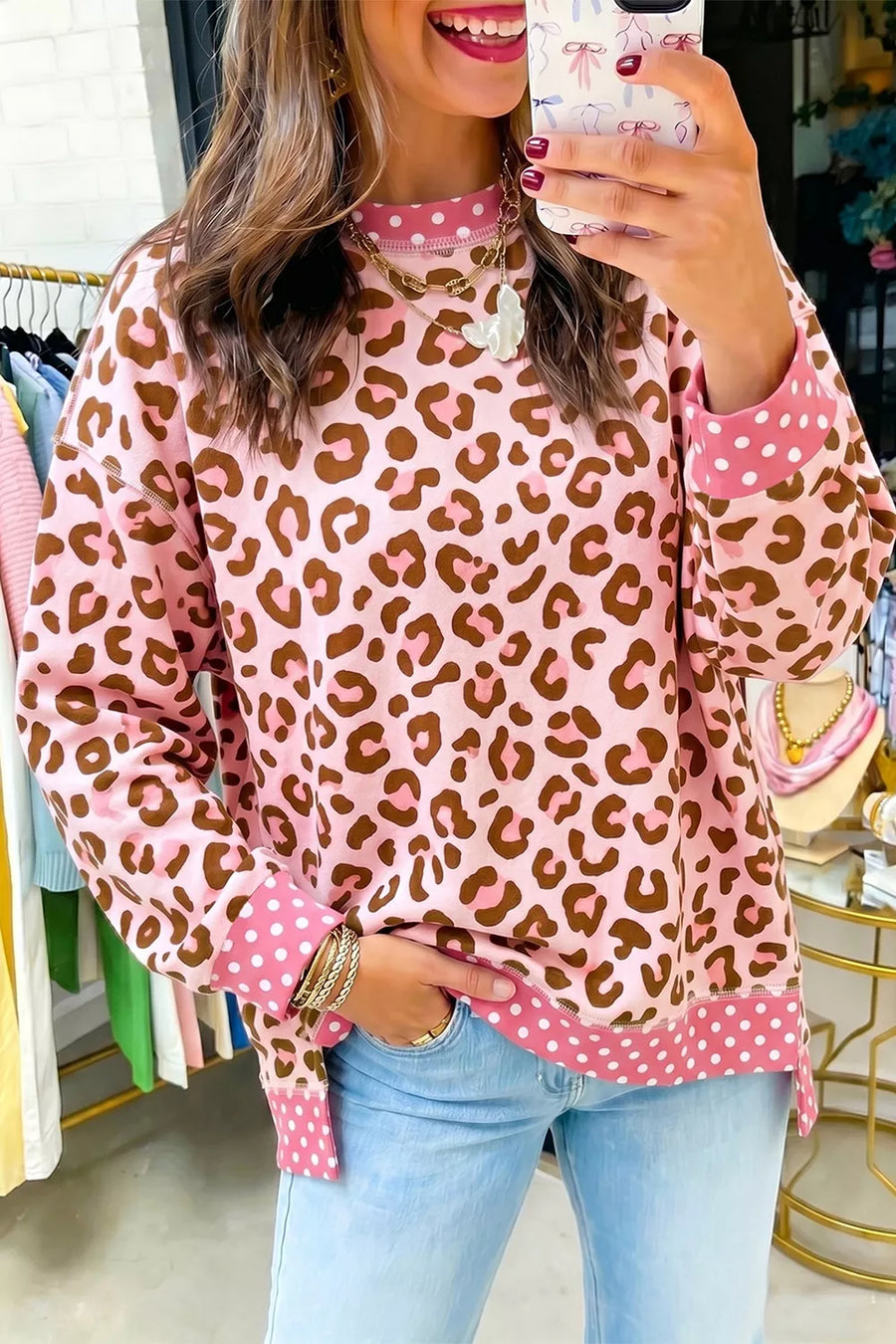 Polka Dot Contrast Trim Leopard Round-Neck Sweatshirt