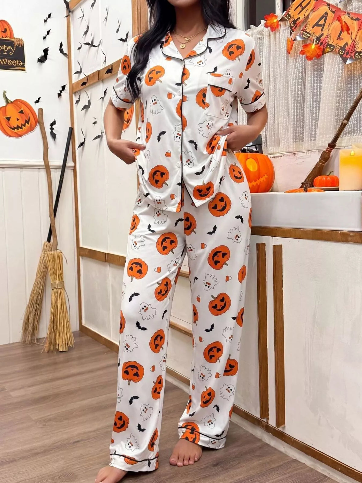 Pumpkin Print Button-Down Lounge Set