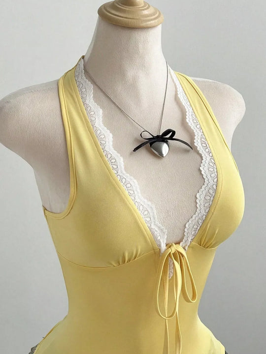Another view: Lace-Detail Halter Cami — Yellow