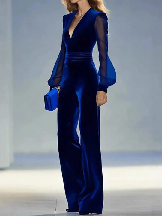 Another view: Velvet Wide Leg Jumpsuit with Sheer Sleeves