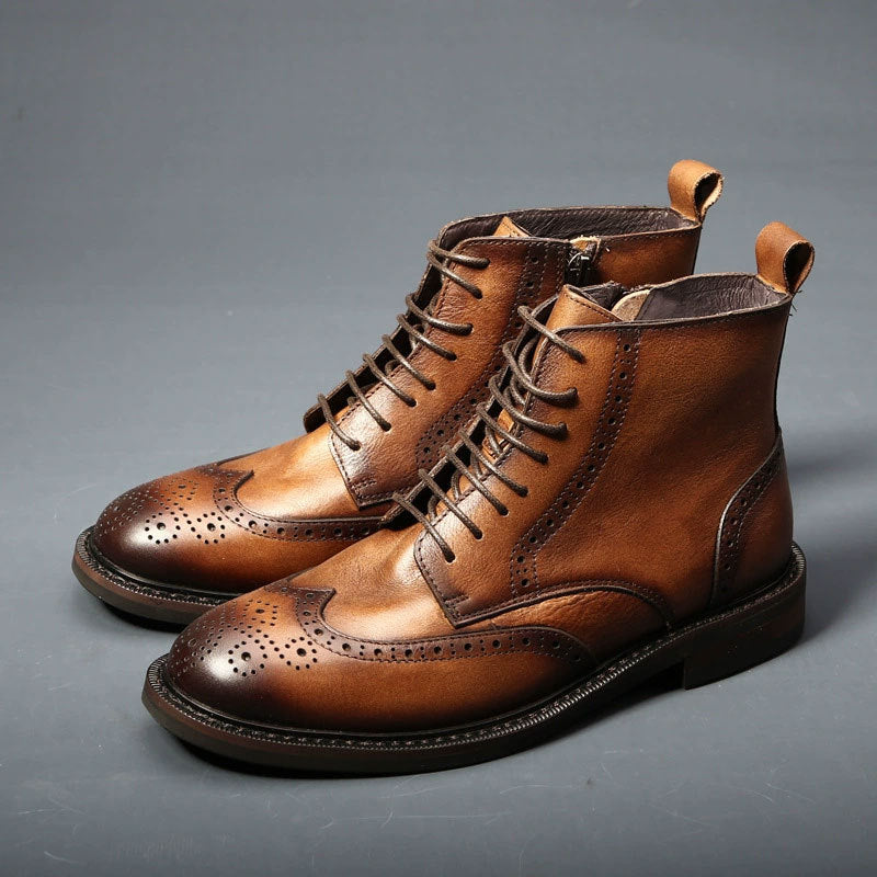Men's Thick-Soled Leather Boots | Chunky Heel Mid-Calf Lace-Up Boots for Men
