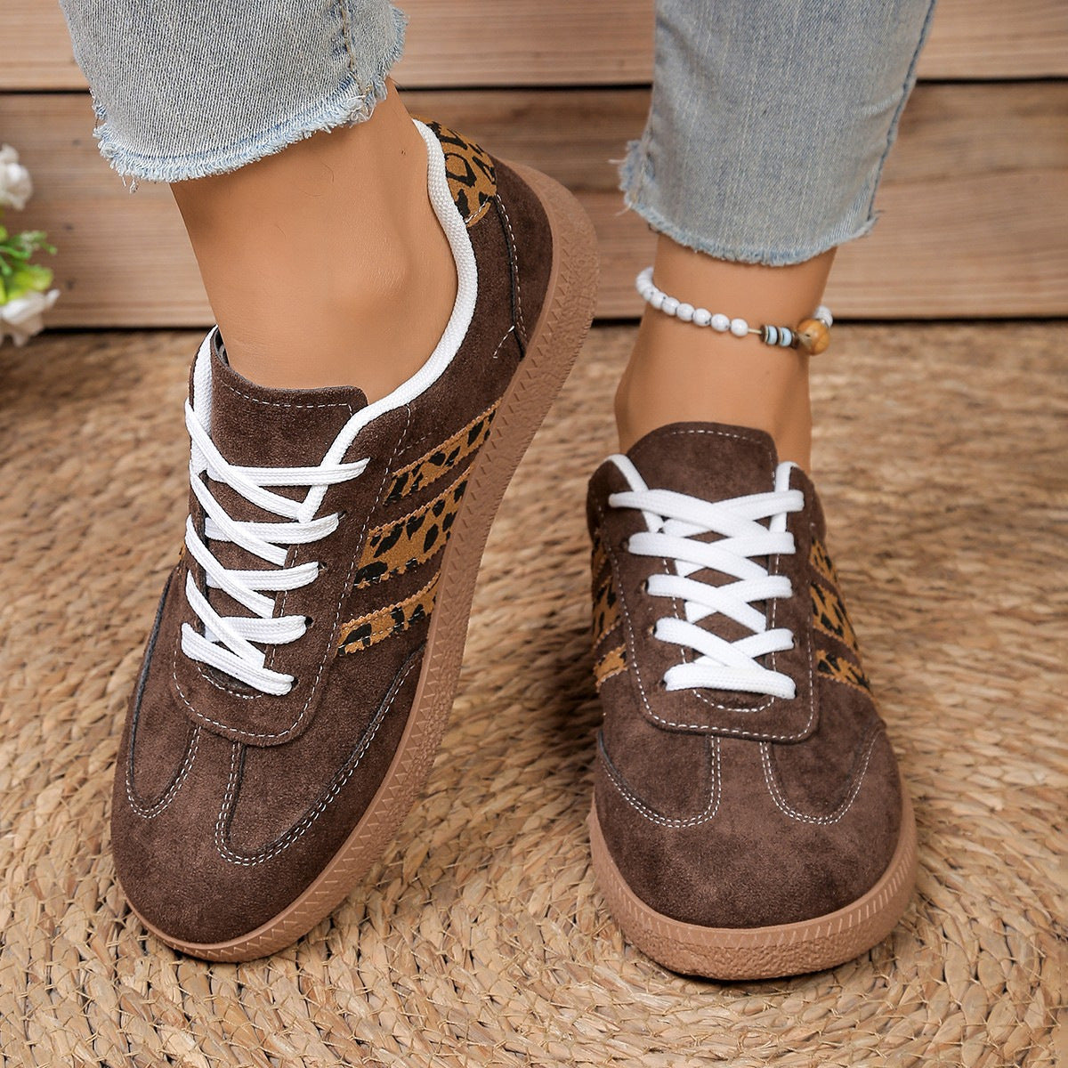 Women's Leopard Print Lace-Up Casual Shoes - Round Toe Color Block Sneakers