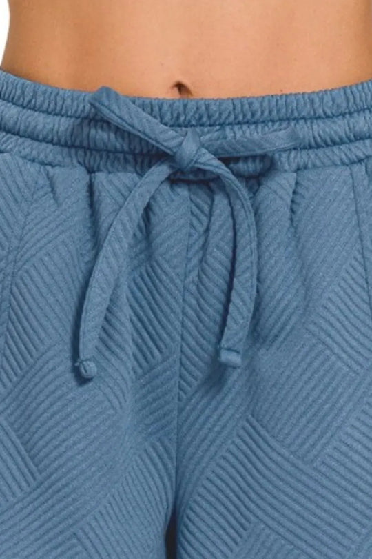 Another view: Textured Knit Jacquard Drawstring Shorts — DUSTY BLUE