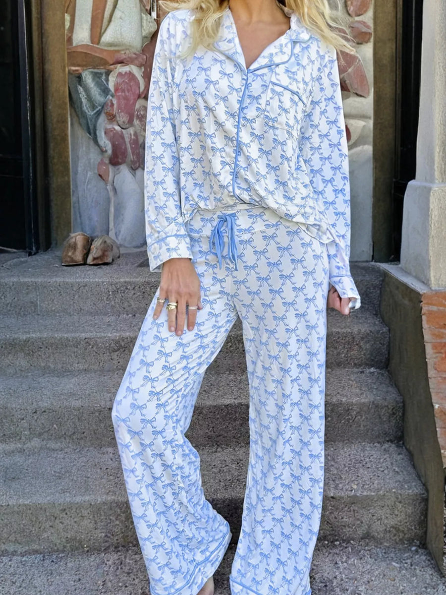 Bow Print Long Sleeve Pajama Set