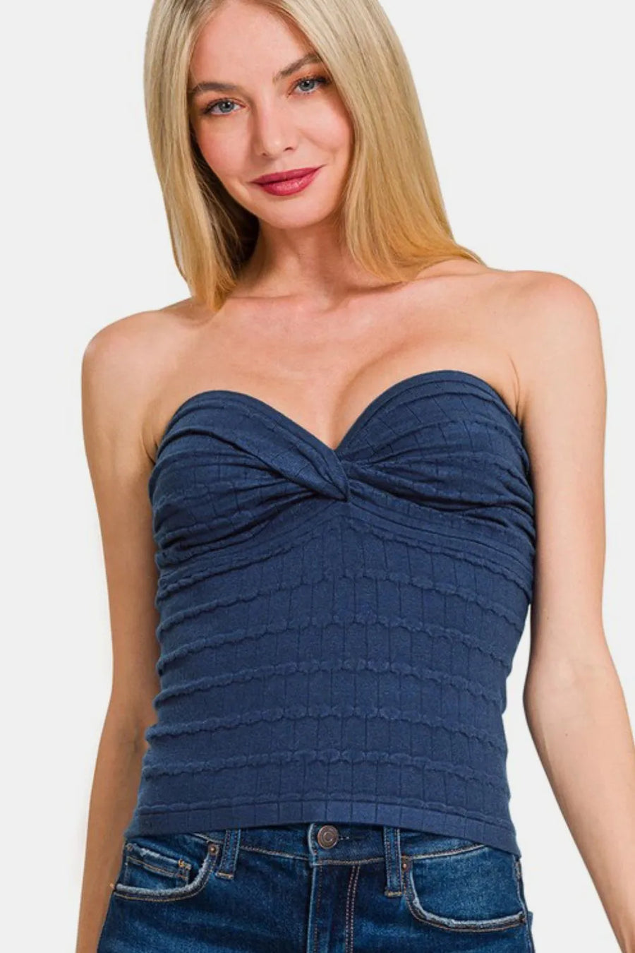 Ruched Twisted Sweetheart Neck Top — Lt Navy
