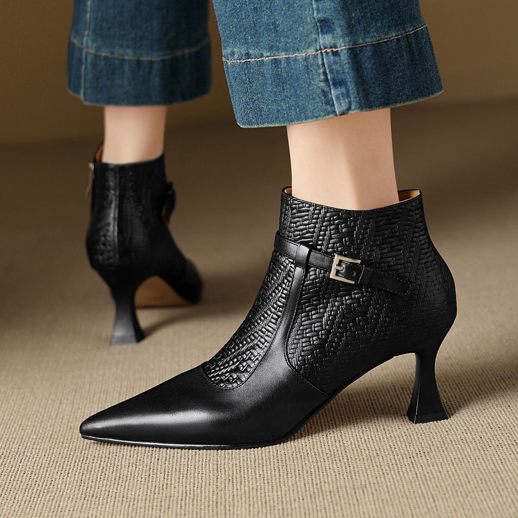 Women's Pointed Toe Chunky Heel Ankle Boots | Slip-On Leather Patchwork | Black & Brown