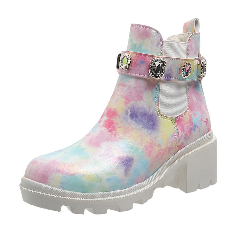 Women's Rhinestone Chunky Heel Ankle Boots - Mid Heel Fashion Boots
