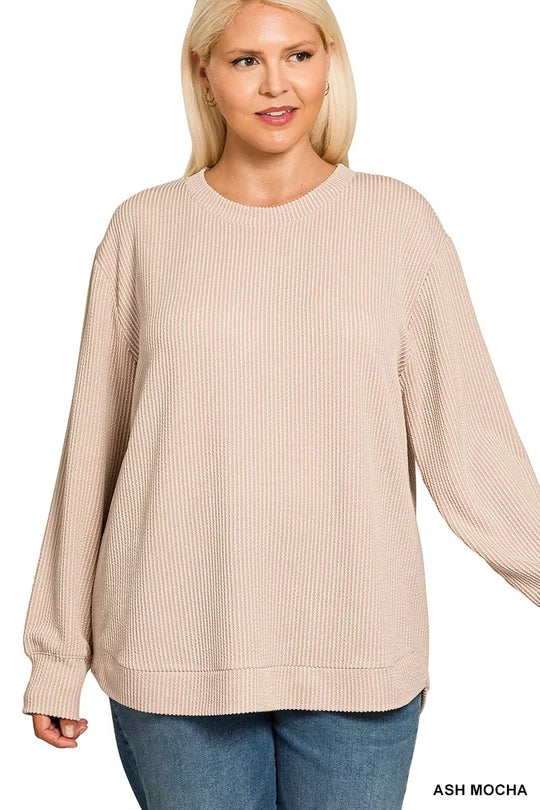 Another view: Curve Raised Rib Round Neck Long Sleeve Top — Ash Mocha
