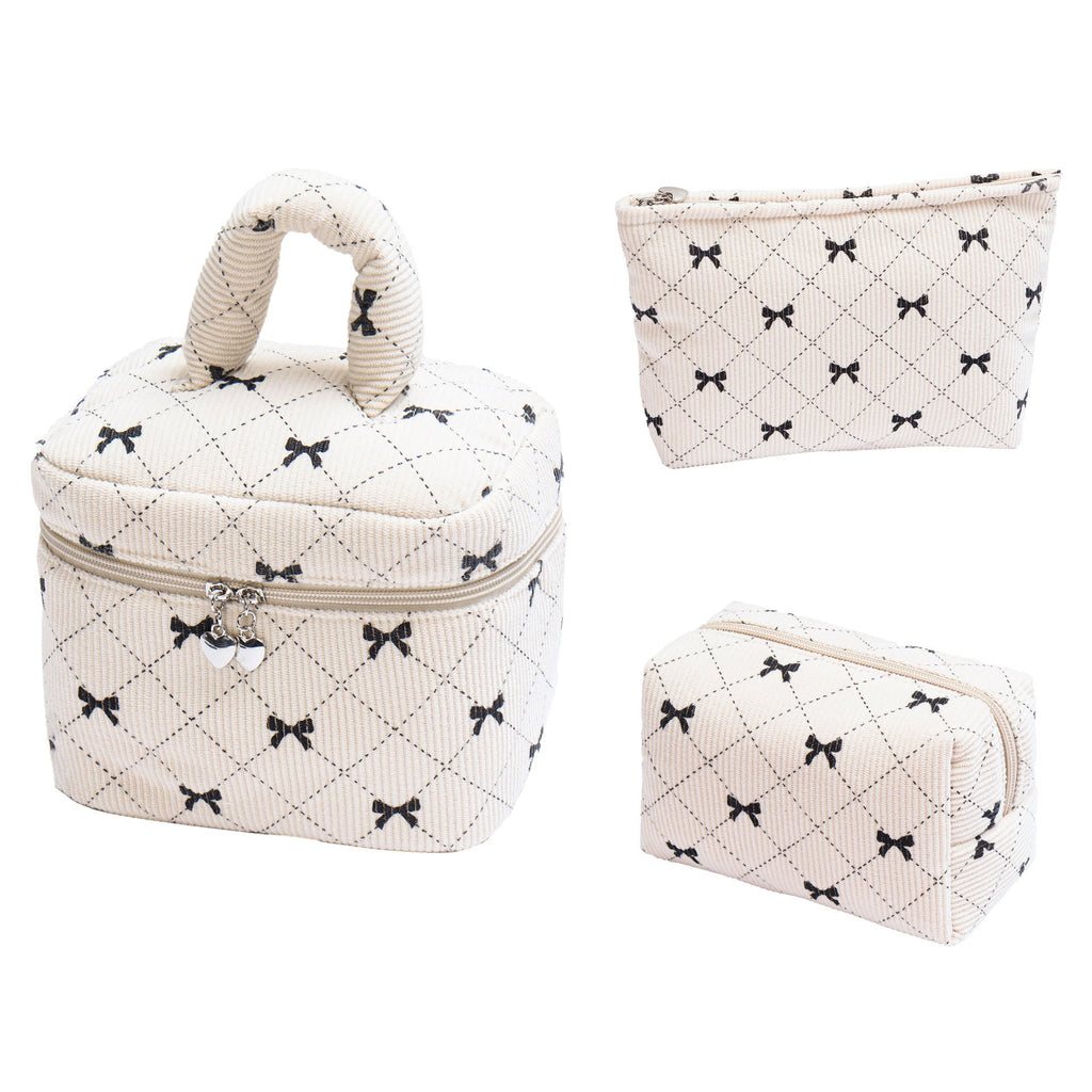 Corduroy Bow-Knot Makeup Bag - Large Capacity Cosmetic Organizer with Zipper