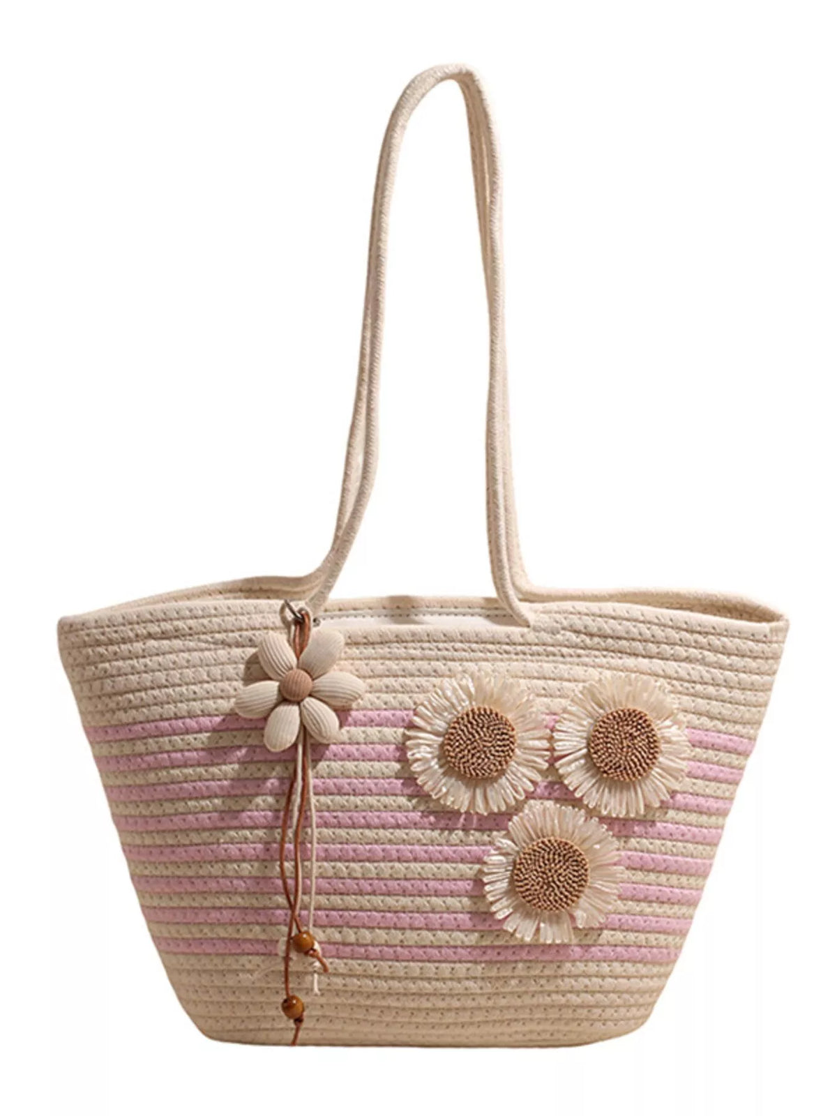 Pink Sunflower Straw-Woven Shoulder Bag