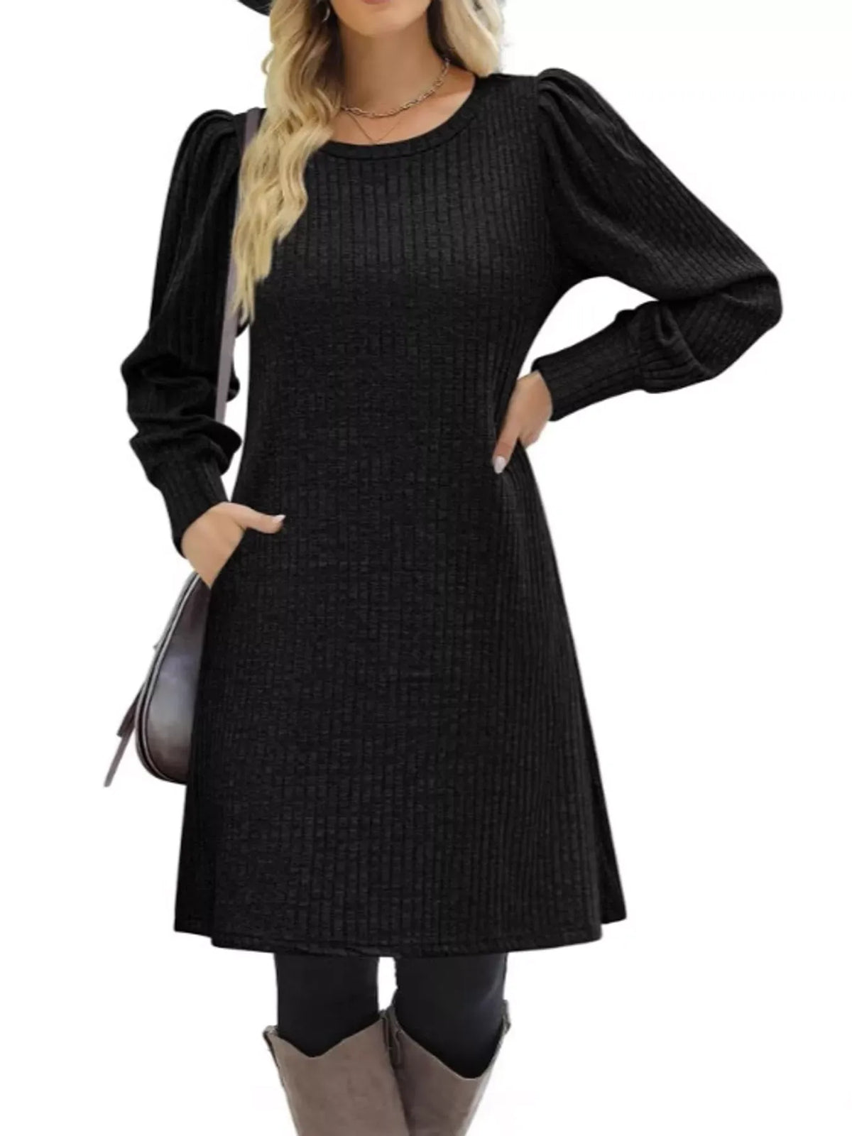 Puff-Sleeve Ribbed Knit Dress with Pockets — photo 8