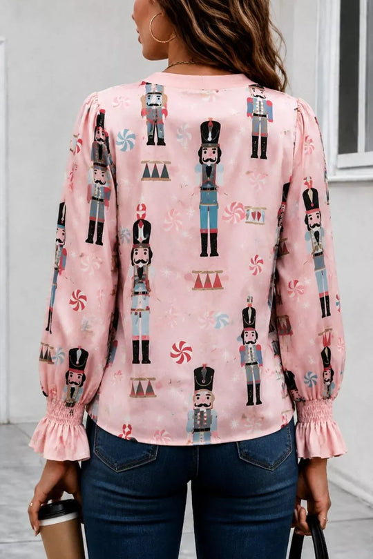 Another view: Nutcracker Print Notched Flounce Sleeve Blouse
