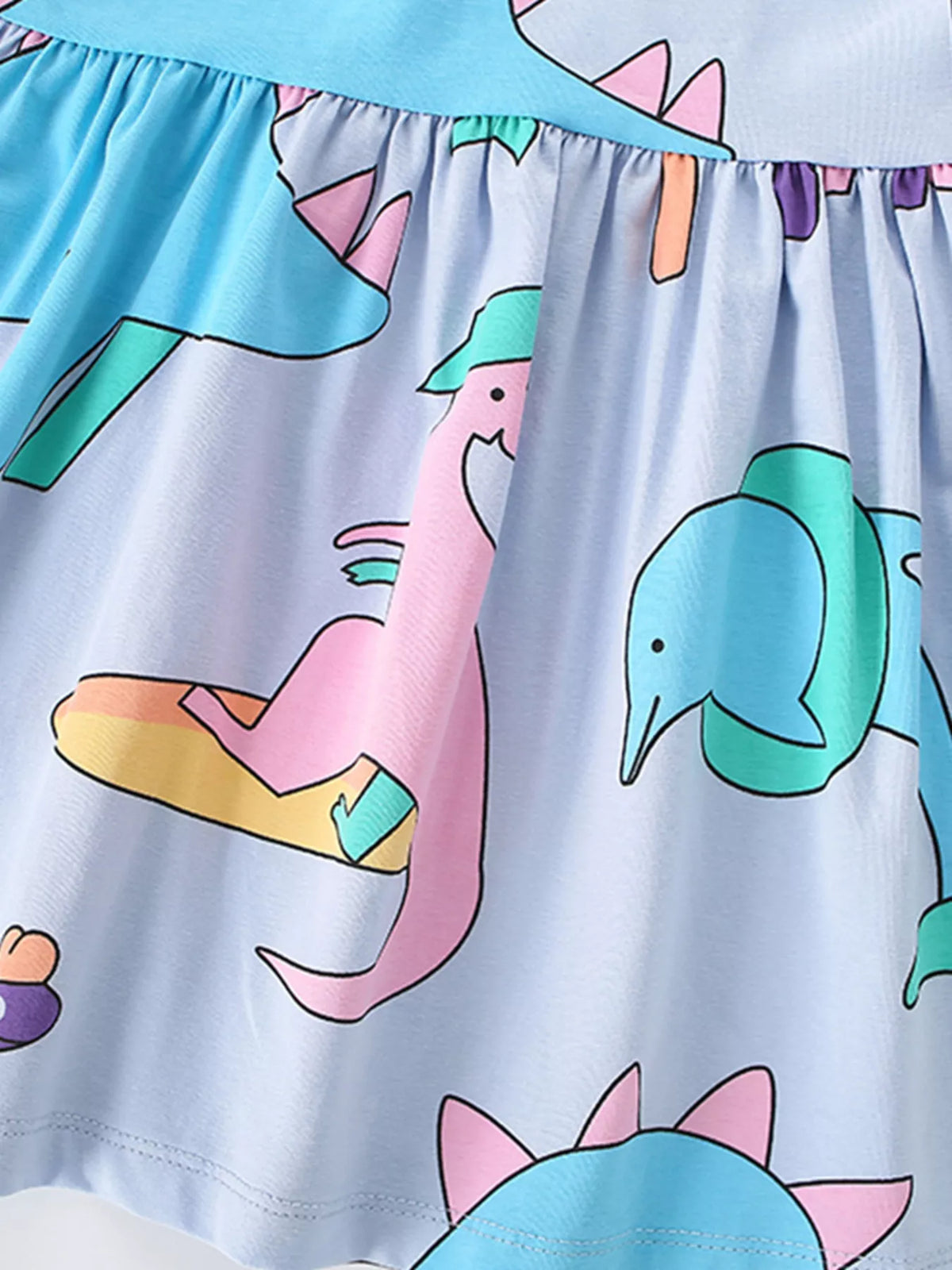 Girls’ Dinosaur-Print Ruffle-Sleeve Dress — Light Blue