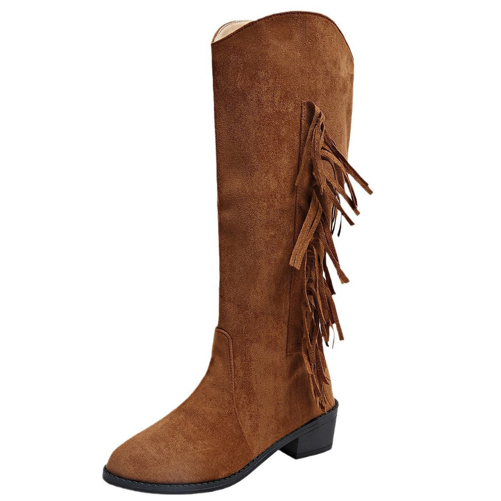 Suede Over-the-Knee Tassel Boots – Women's Brown Chunky Heel Slip-On