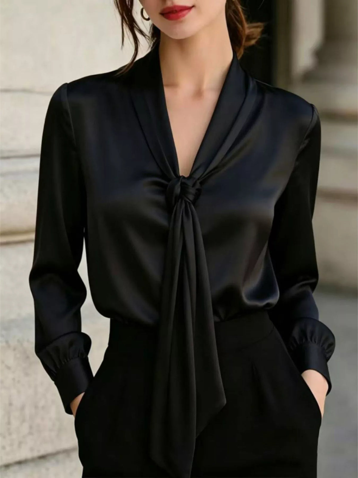 Front-Tie Satin Blouse