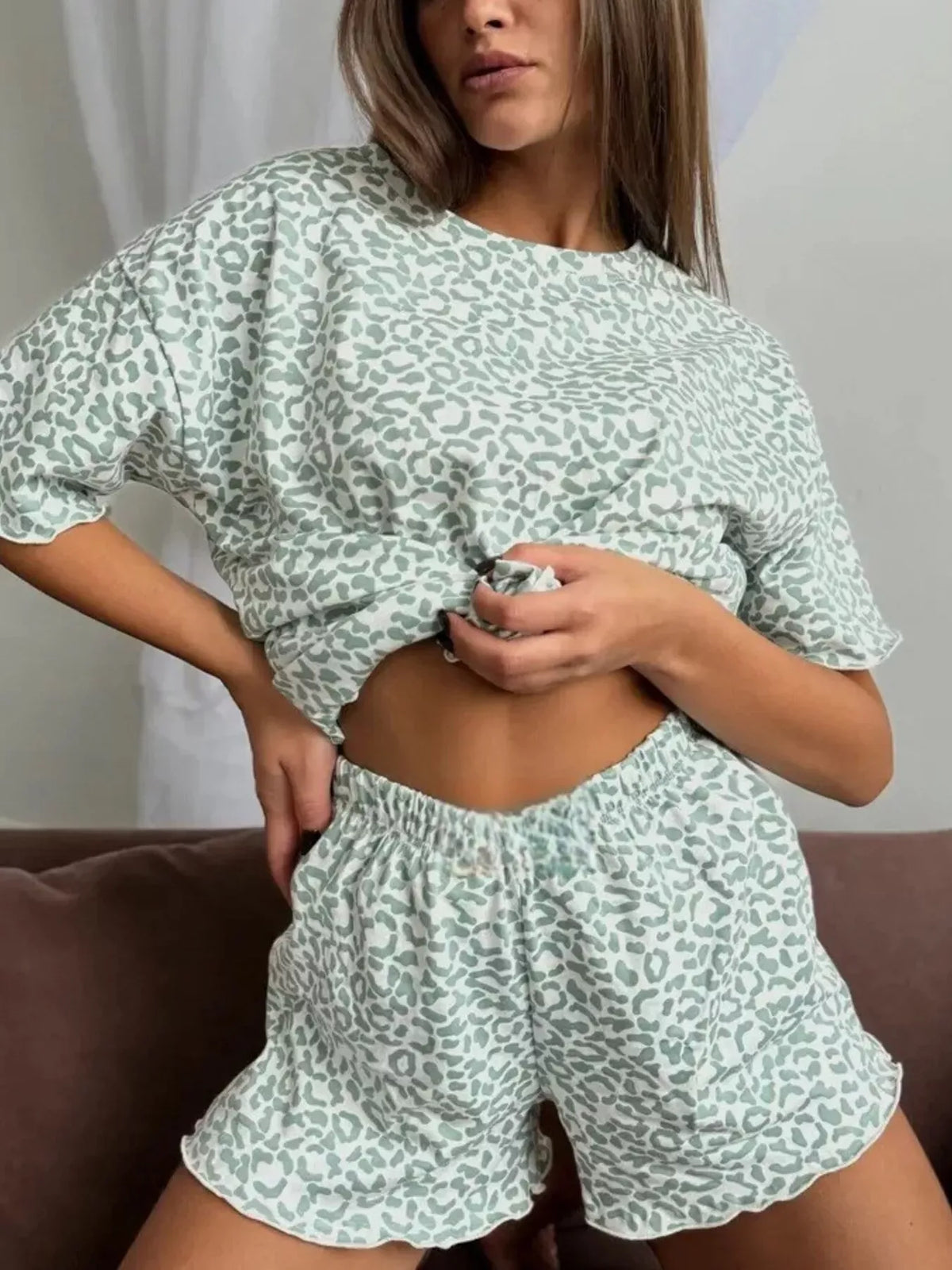 Leopard T-Shirt & Ruffle Shorts Lounge Set — photo 7