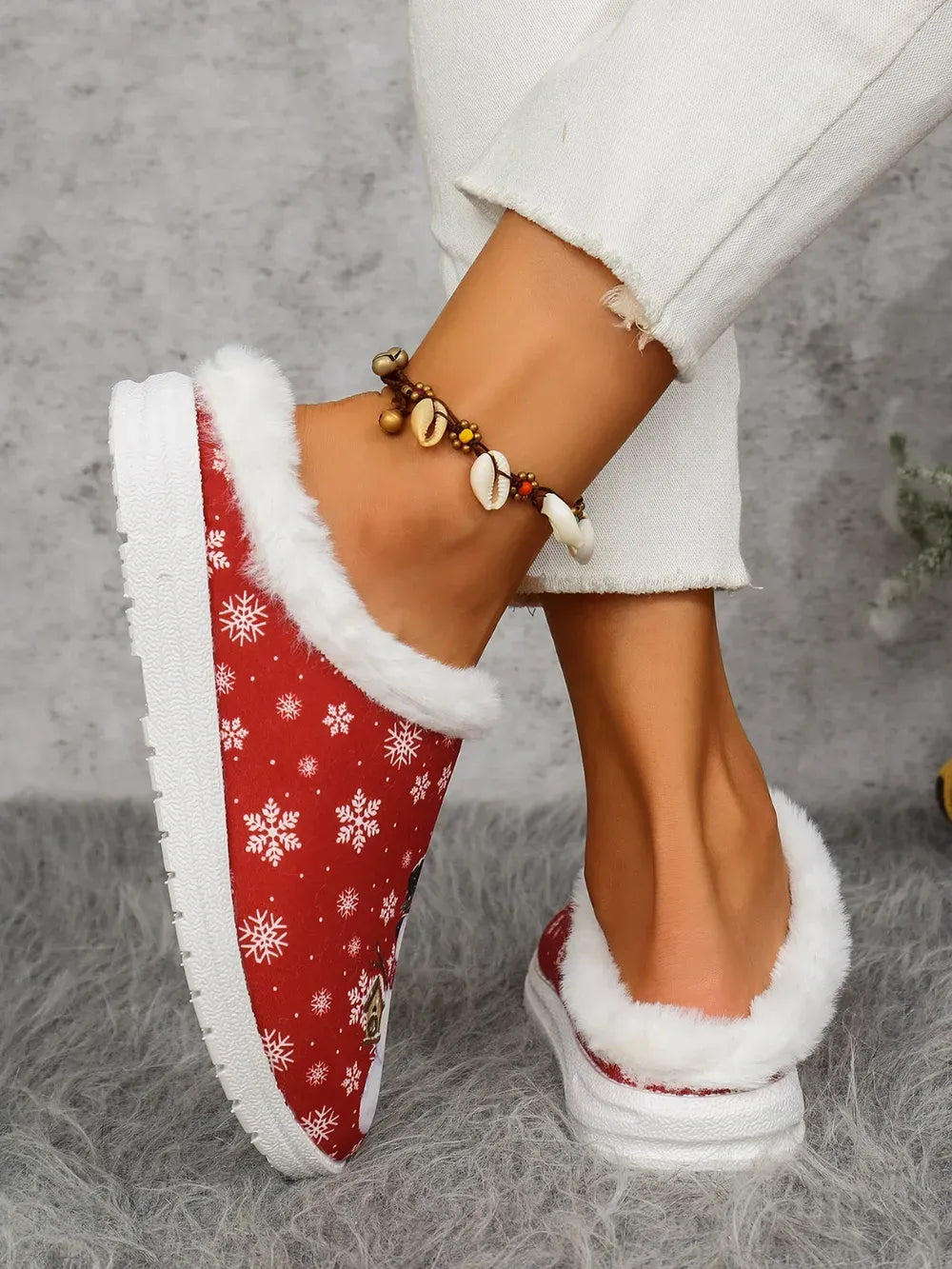 Snowman Print Faux Fur Flat Slippers — photo 10