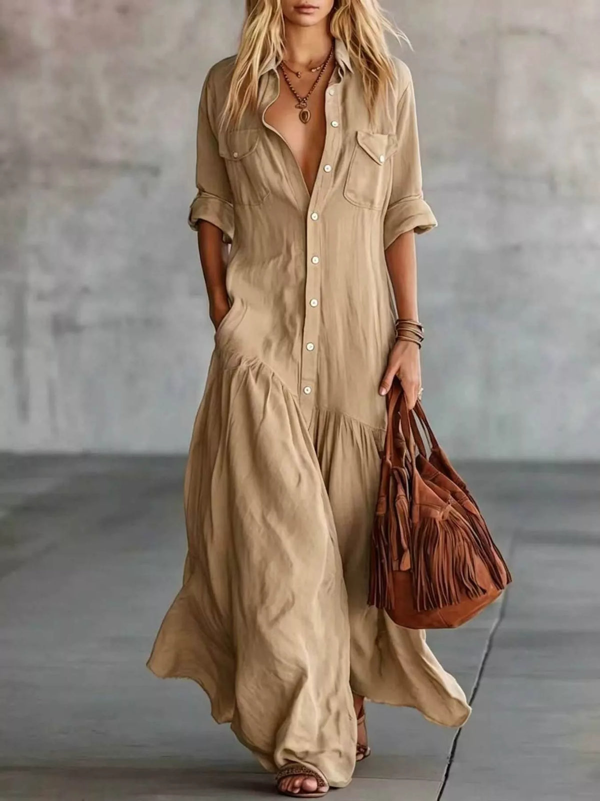 Button-Front Roll-Sleeve Maxi Dress