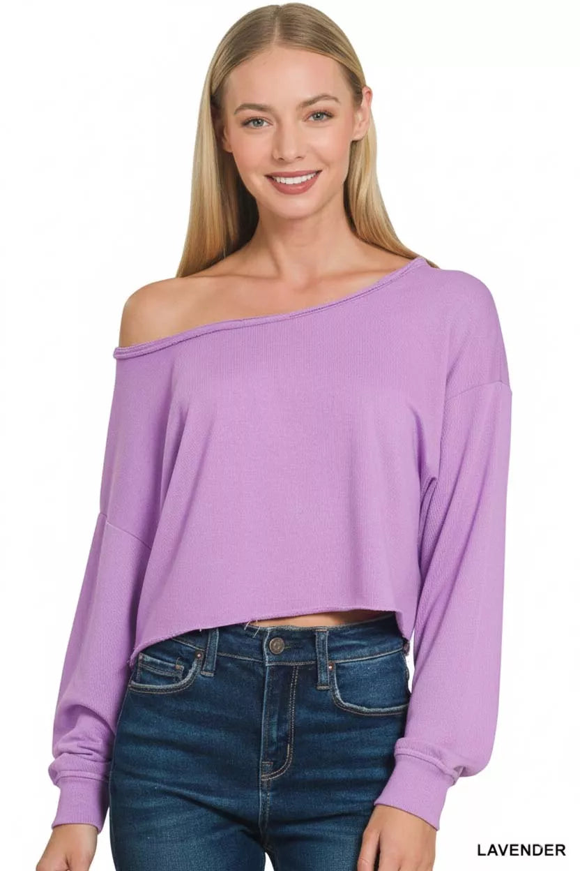 French Terry Boatneck Crop Top — Lavender
