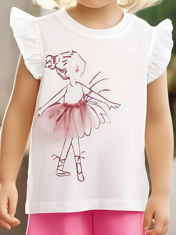 White kids' ballerina graphic ruffle-sleeve T-shirt