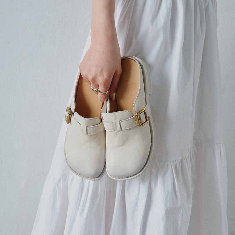 Women's Full Grain Leather Buckle Mules | Retro Low Block Heel Backless Shoes