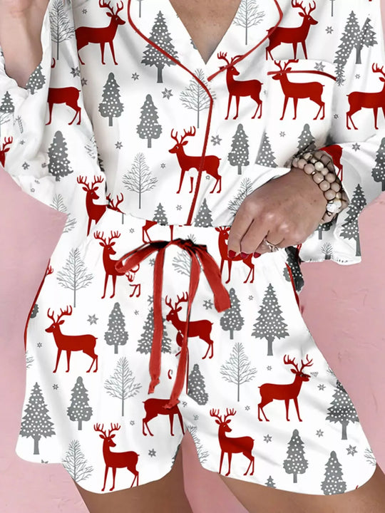 Another view: Christmas Fashion Print Velvet Trim Top and Shorts Pajama 2pcs Set
