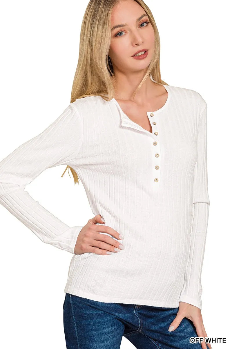Ribbed Long Sleeve Half Button Top