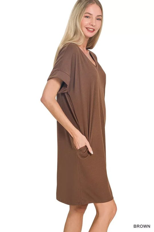 Another view: Brushed DTY Rolled Short Sleeve V-Neck Dress