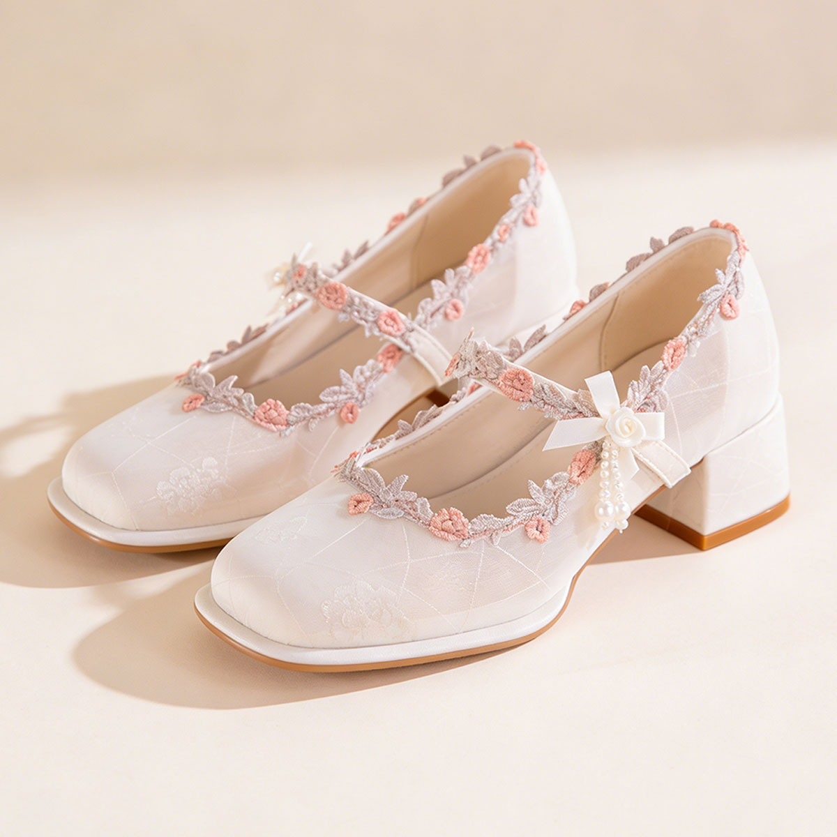 Women's Oriental Jacquard Satin Mary Jane Heels | Embroidered Lace Pearl Square Toe