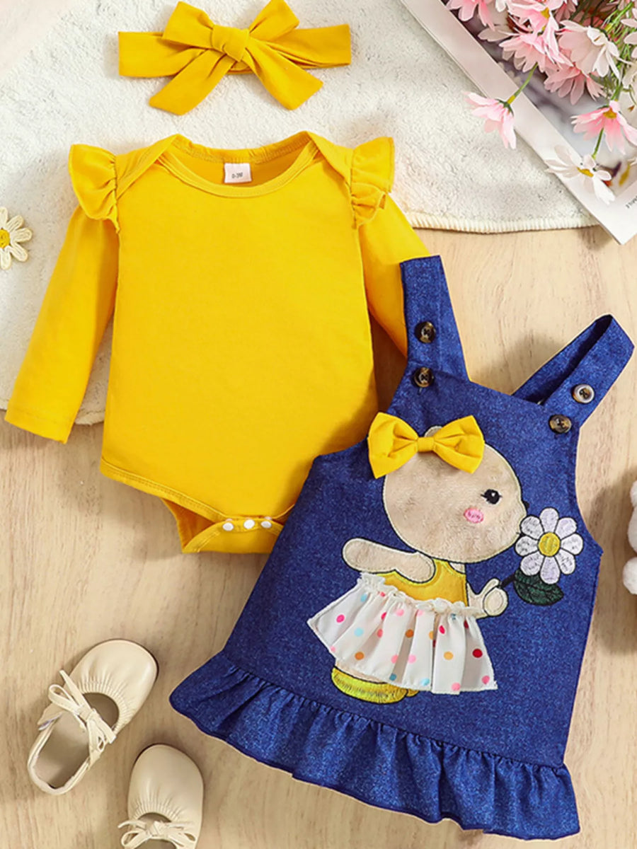 Little Orbit Ruffled Bodysuit and Overall Dress Set with Headband