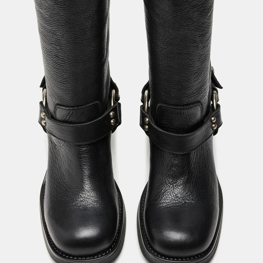 Women's Round Toe Buckle High-Top Boots – Chunky Heel Mid-Calf PU Leather Boots
