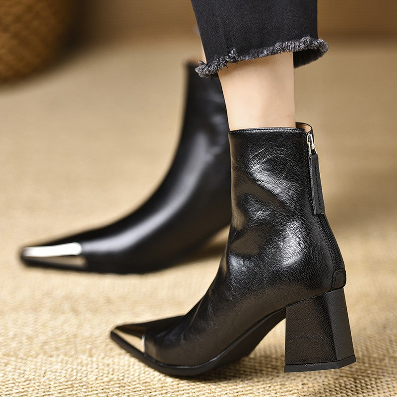 Pointed-Toe Chunky-Heel Leather Ankle Boots