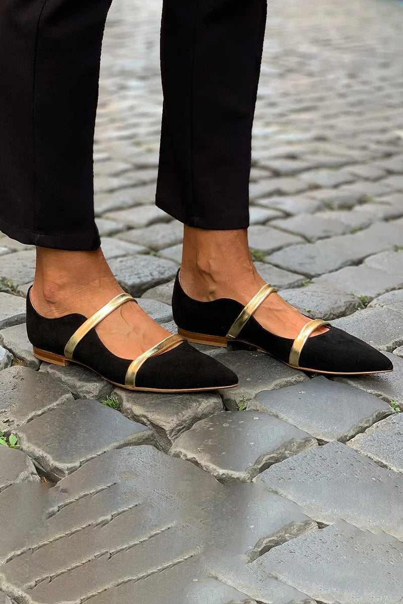 Women's Pointed-Toe Suede Dress Shoes with Rhinestone Straps | Low Chunky Heel