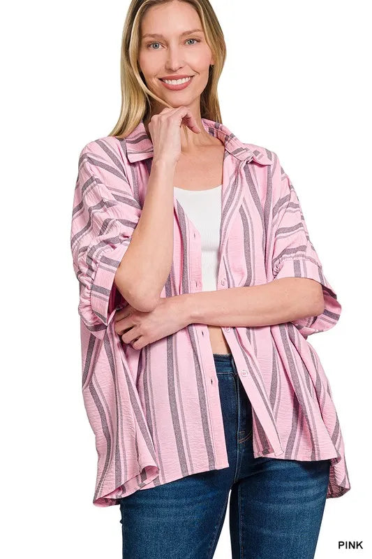 Woven Yarn-Dye Stripe Oversized Button Down Shirt — PINK