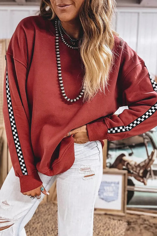 Another view: Checkered-Trim Crewneck Sweatshirt — Rust