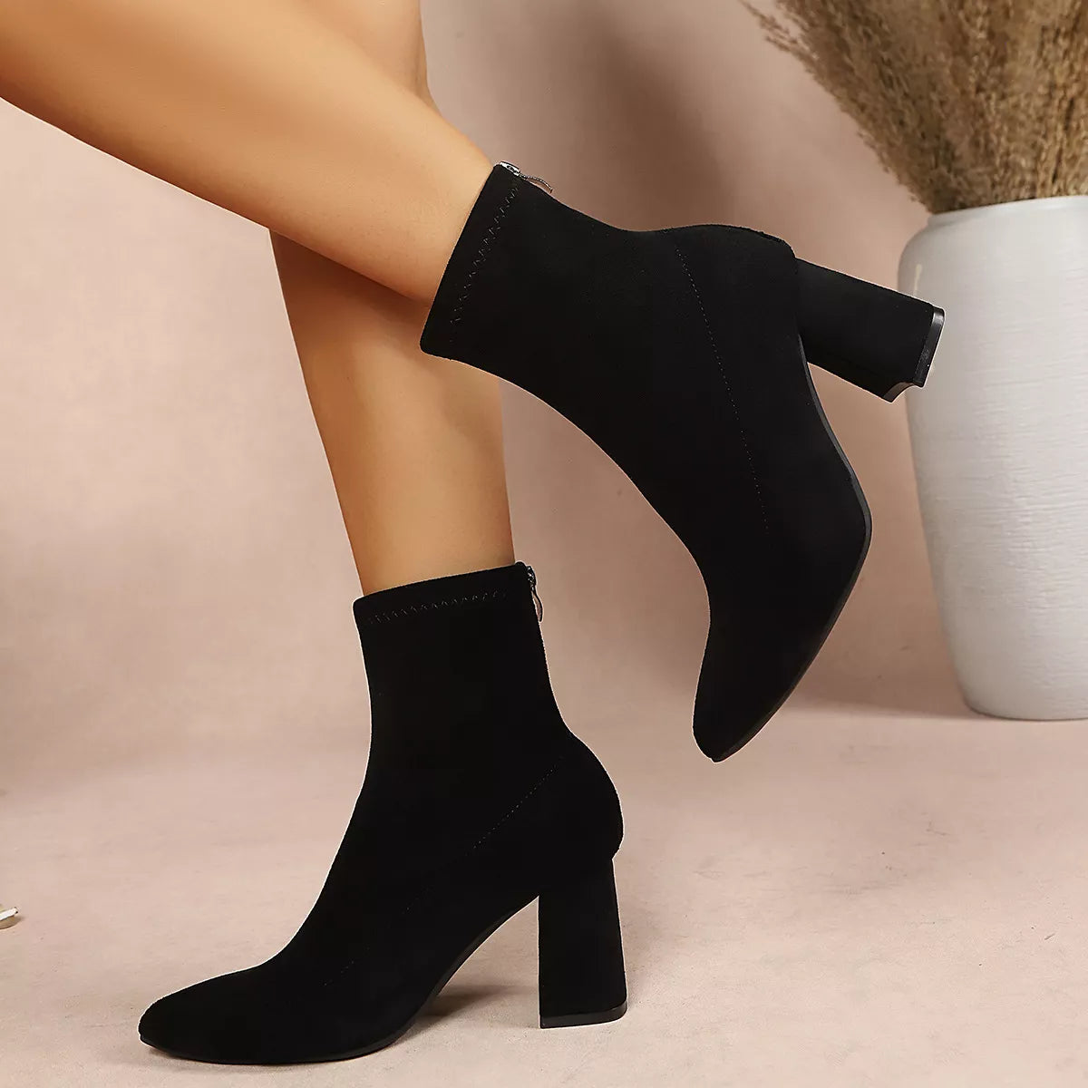 Pointed-Toe Block-Heel Ankle Boots