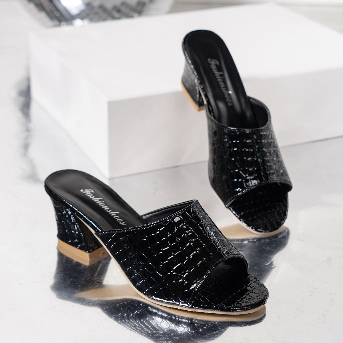 Women's Snake Print High Heel Slide Sandals - Open Toe Platform Heels