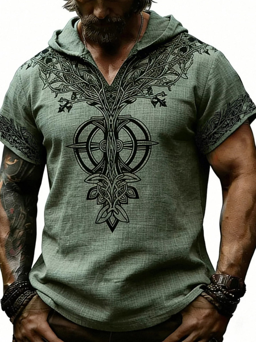 Rune Print Short-Sleeve Hooded Top